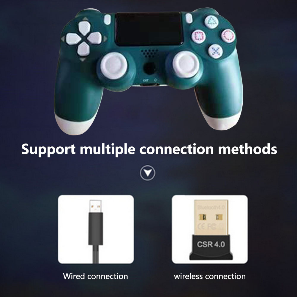 Ein türkisfarbener Gamecontroller mit weißen Knöpfen. Darunter werden kabelgebundene und drahtlose Verbindungsoptionen angezeigt.