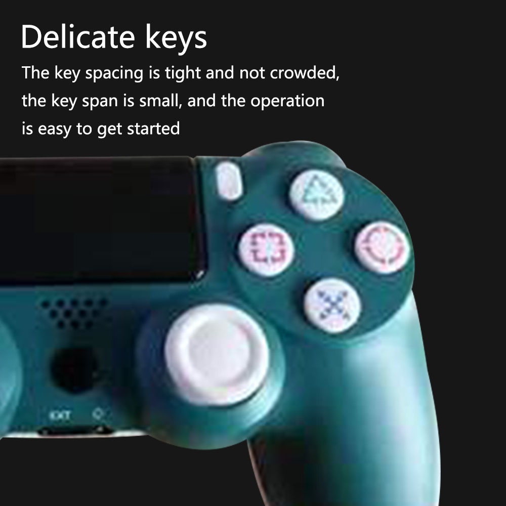 Nahaufnahme eines türkisfarbenen Gamecontrollers. Tasten umfassen einen weißen Kreis, ein Dreieck, ein Quadrat, ein X und einen Kreis. Der Hintergrund ist schwarz.
