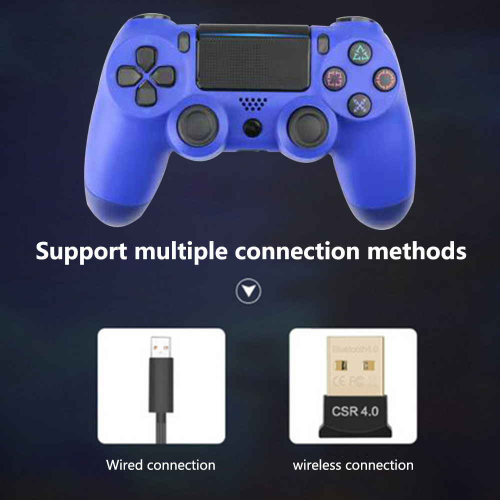Blauer Gamecontroller über Bildern eines USB-Kabels und eines Bluetooth-Dongles, beschriftet mit 'Wired' und 'Wireless connection'.