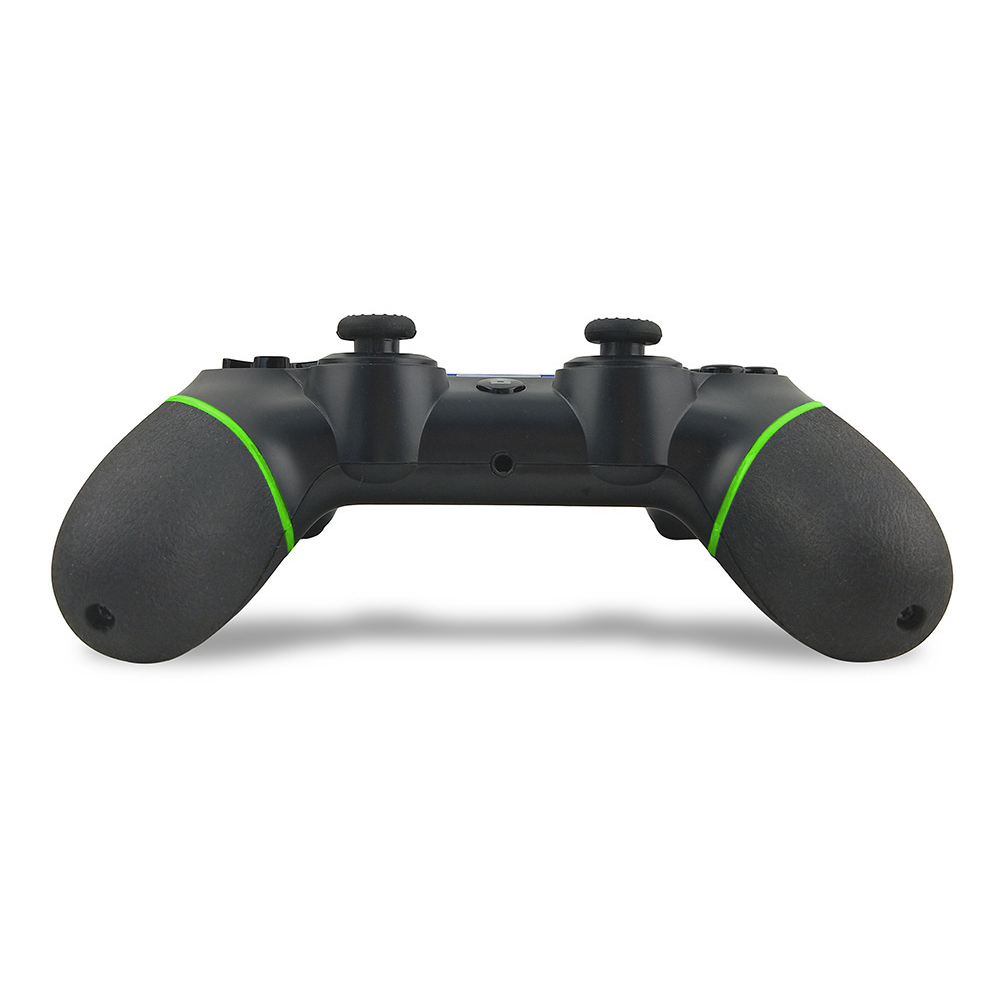Schwarzer Gamecontroller mit grünen Akzenten auf weißem Hintergrund. Mit zwei Joysticks und strukturierten Griffen.