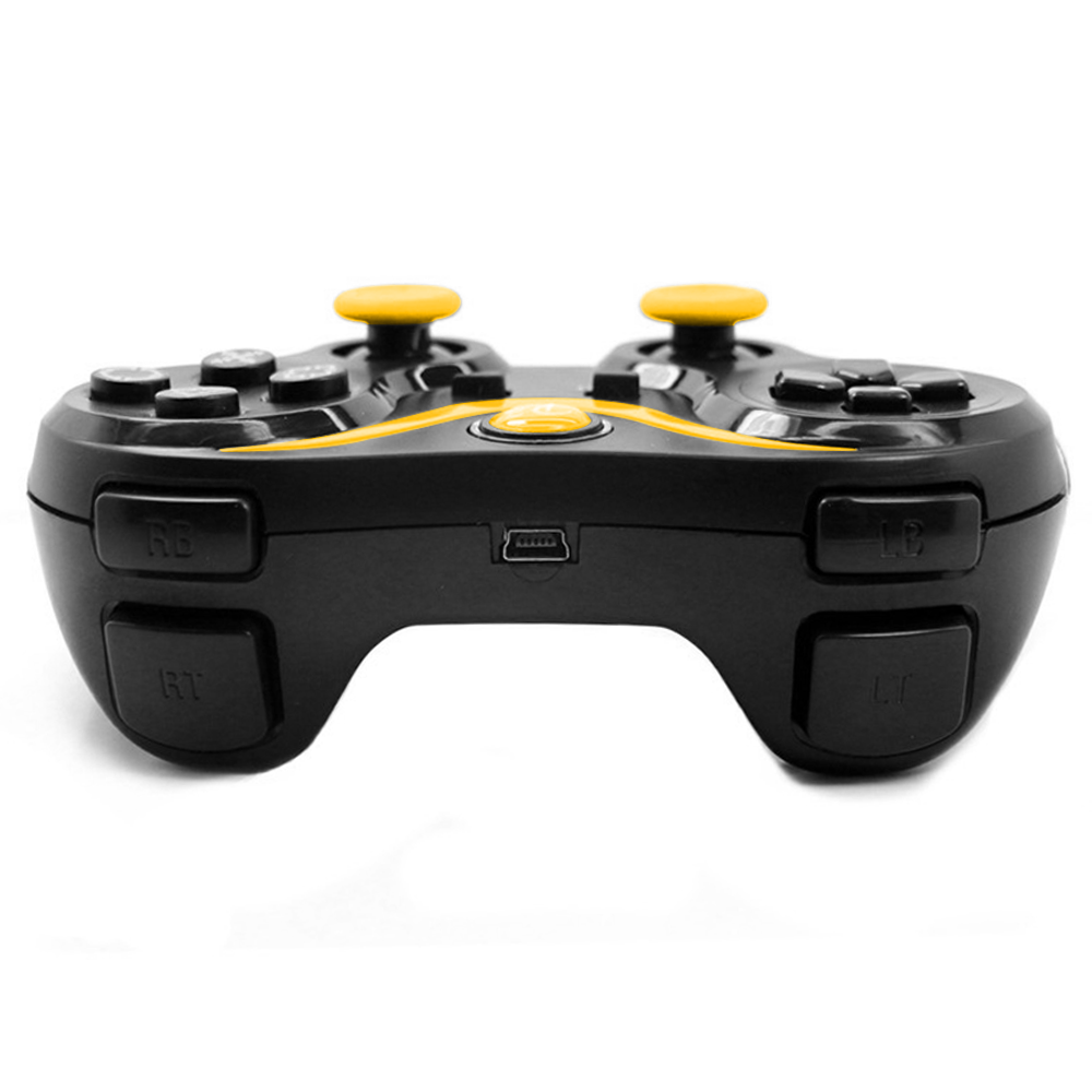 Schwarzer und gelber Gamecontroller. Hat Knöpfe, Joysticks und einen USB-Anschluss. Es befindet sich auf weißem Hintergrund.