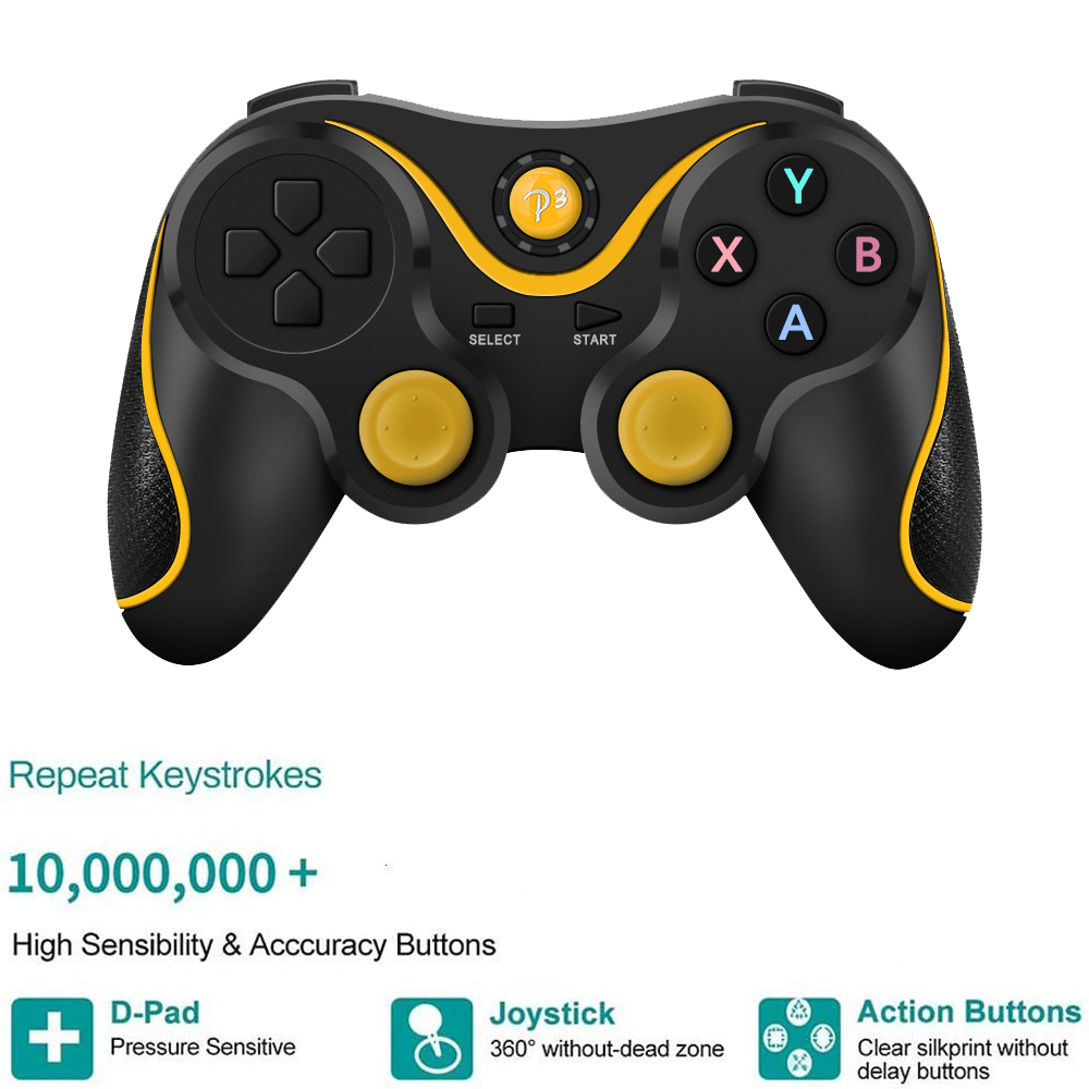 Schwarzes und gelbes Gamepad mit Knöpfen, Steuerkreuz und Joysticks. Text: 'Repeat Keystrokes', '10.000.000+' und Tastenfunktionen.