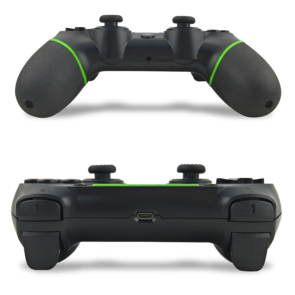 Zwei Ansichten eines schwarzen Gamecontrollers mit grünen Akzenten. Er hat zwei Analogsticks, Knöpfe und einen Ladeanschluss.