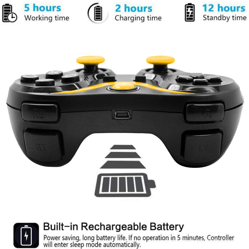 Schwarzer Gamecontroller mit gelben Akzenten. Informationen zu Arbeits-, Lade- und Standby-Zeiten sind darüber angezeigt.