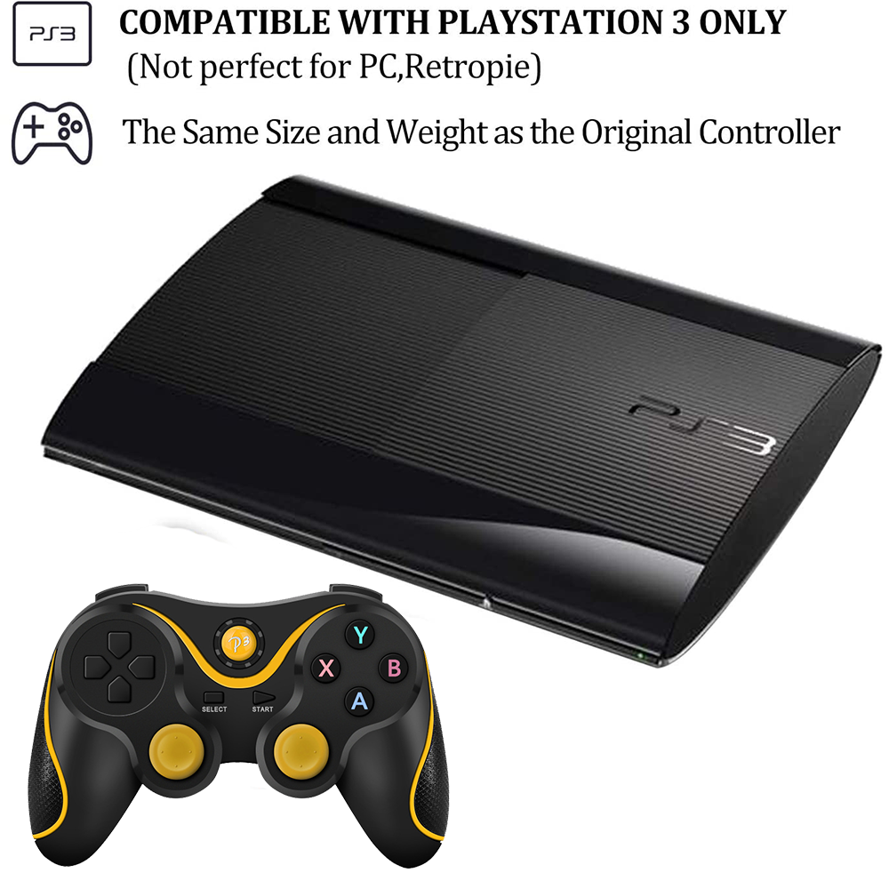 Das Bild zeigt eine schwarze PS3-Konsole und einen schwarzen Controller mit gelben Akzenten. Text: Kompatibel mit Playstation 3 only.