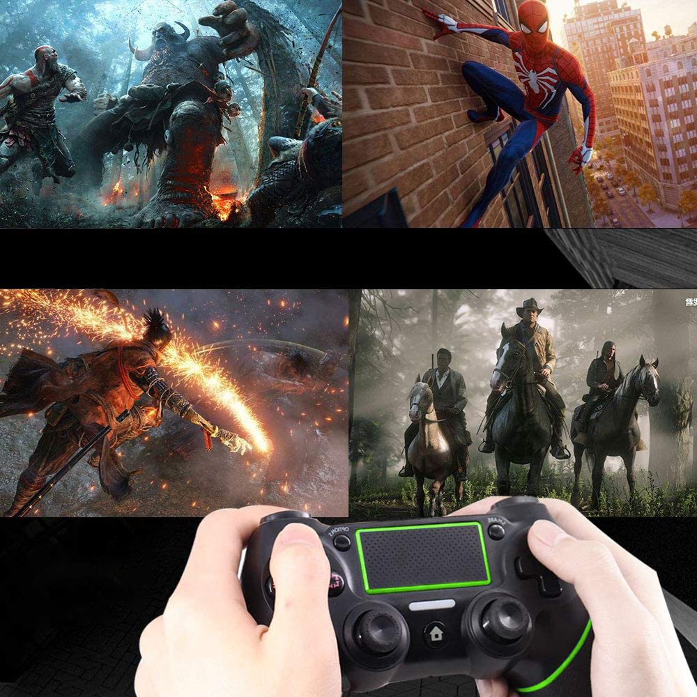 Zusammengesetztes Bild mit Videospielszenen: Kratos kämpft, Spiderman an einer Wand, ein Samurai in Aktion, Cowboys auf Pferden, ein Controller.