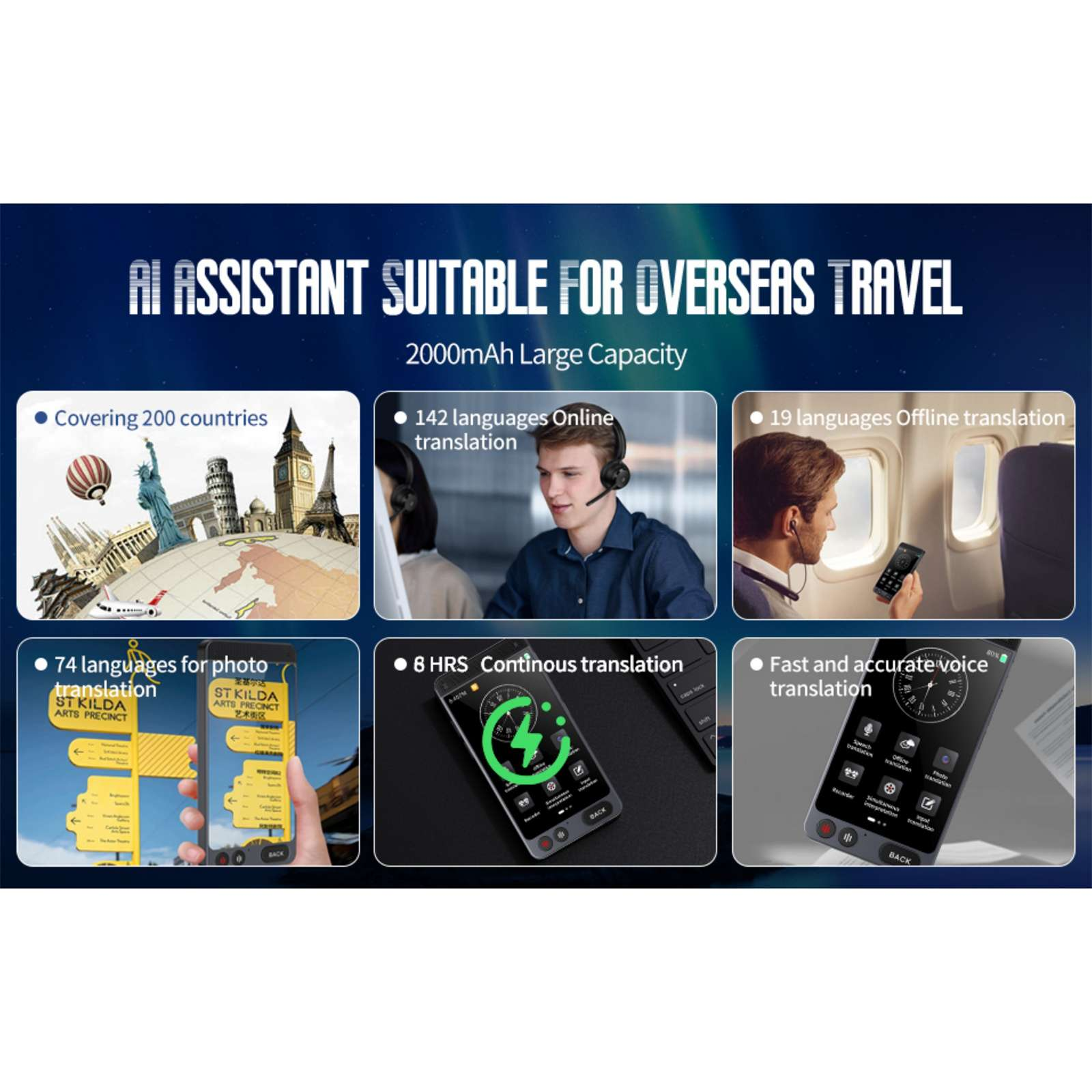 Werbung für einen Reise-KI-Assistenten. Es zeigt verschiedene Funktionen wie Übersetzung, Abdeckung von Ländern und Fotoübersetzung.