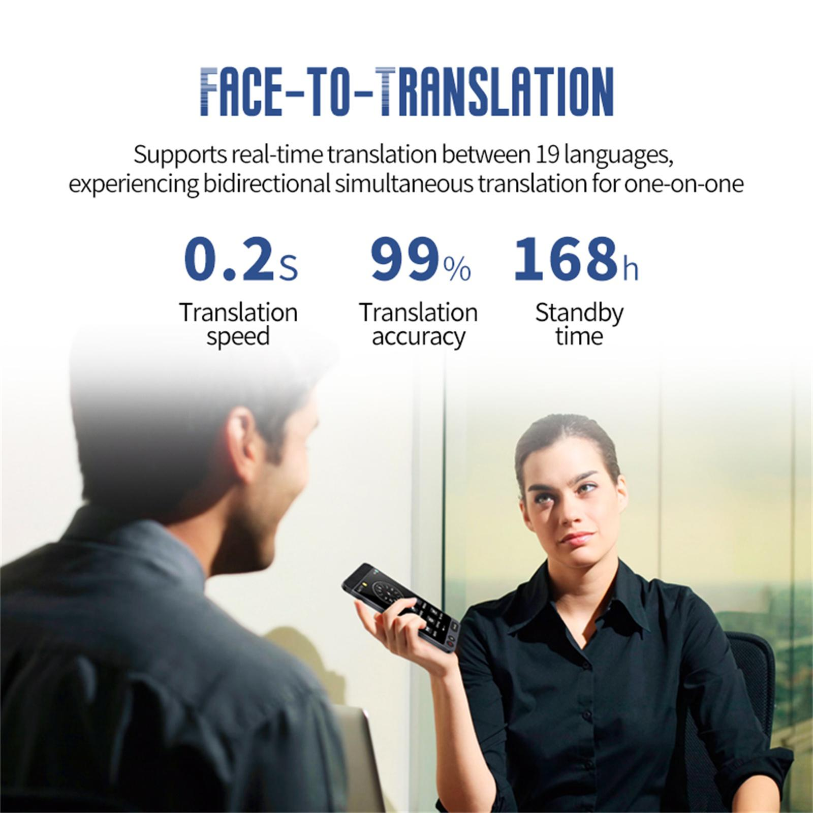 Eine Frau hält ein Übersetzungsgerät. Text zeigt 0,2s Übersetzungsgeschwindigkeit, 99% Genauigkeit und 168h Standby-Zeit.