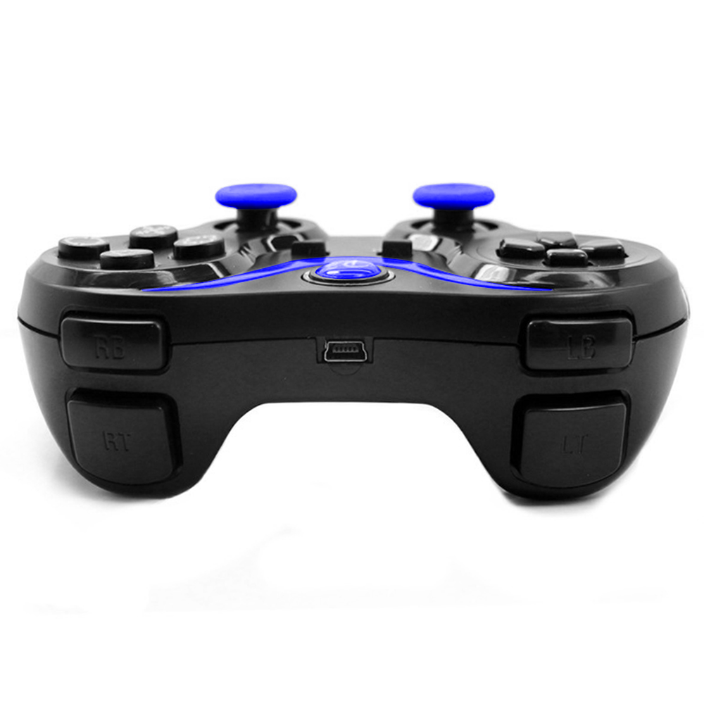 Schwarzer Gamecontroller mit blauen Akzenten und Knöpfen auf weißem Hintergrund.  Tasten sind mit RB, RT, LB, LT beschriftet.