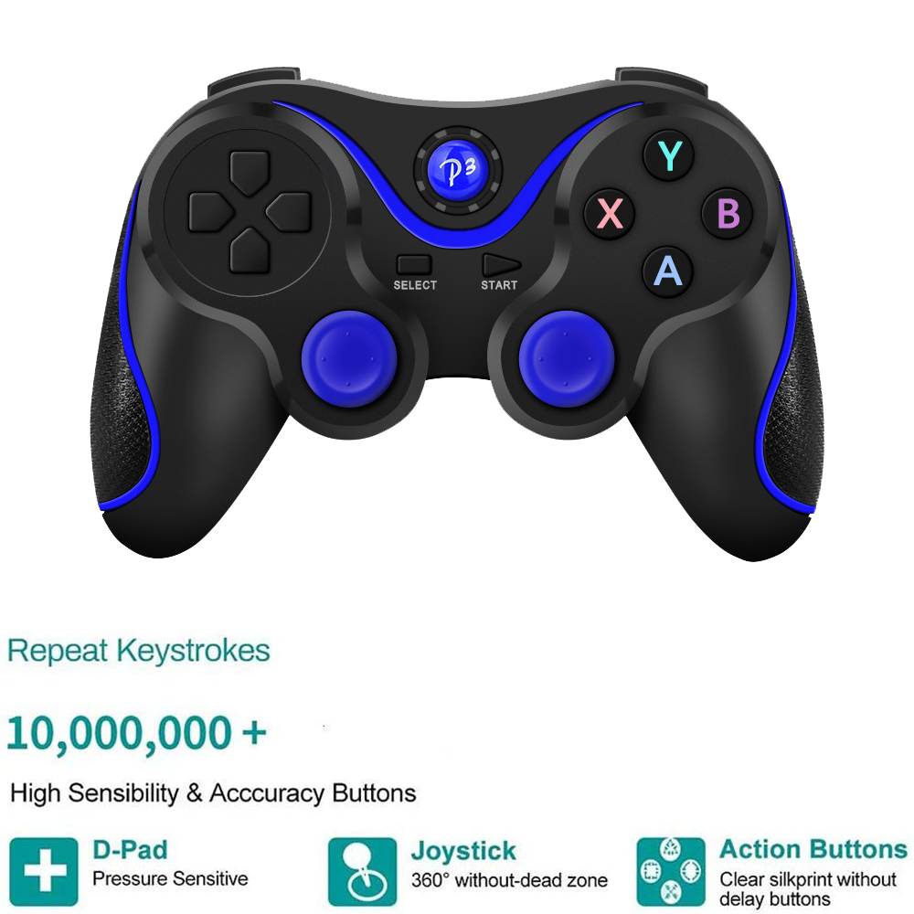 Schwarzes Gamepad mit blauen Akzenten und Tasten. Verfügt über D-Pad, Aktionstasten und Joystick. Text erwähnt hohe Sensibilität und Genauigkeit.