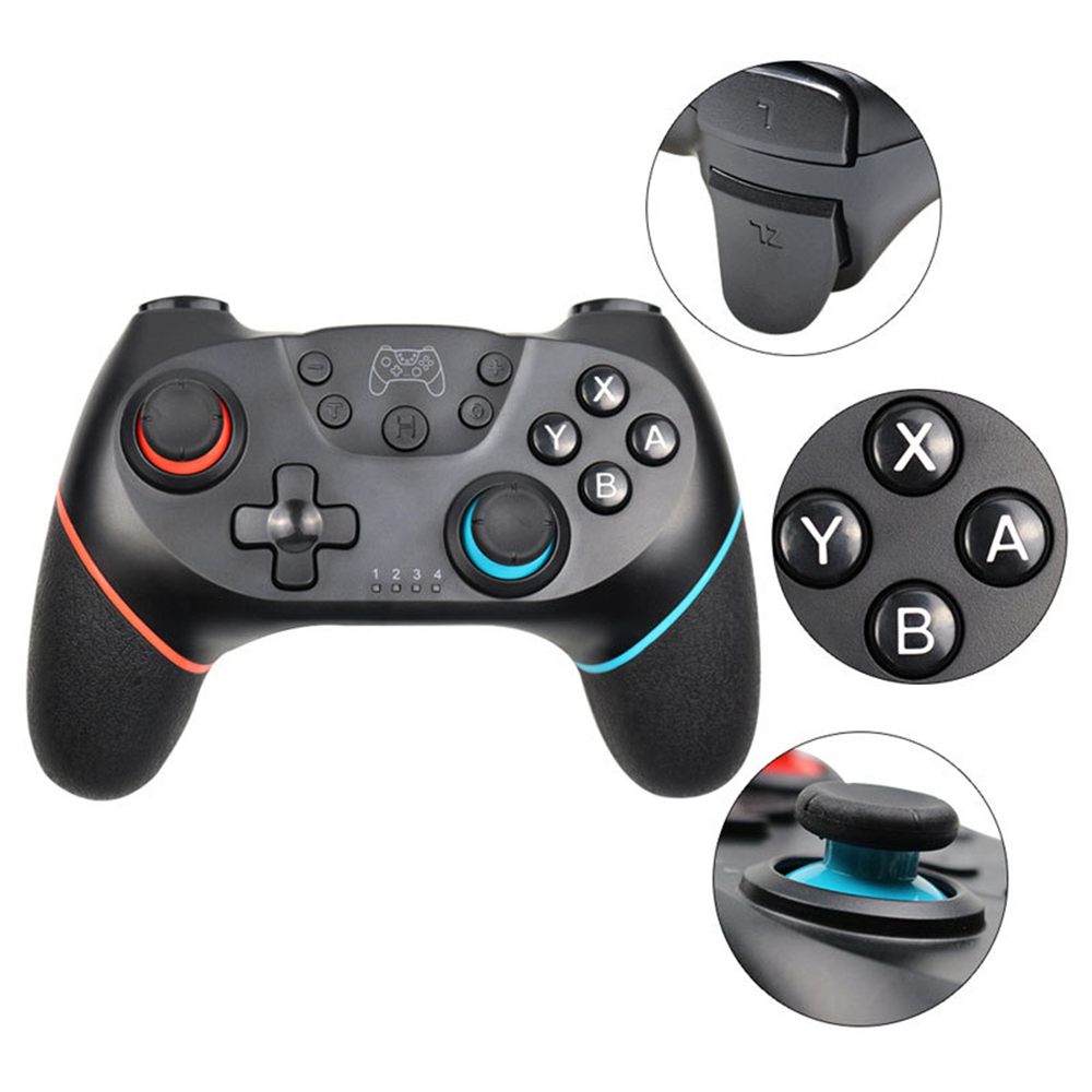 Schwarzer Gamecontroller mit roten und blauen Akzenten. Er verfügt über die Tasten X, Y, A, B, ein Steuerkreuz und weitere Tasten. Mehrere Nahaufnahmen sind enthalten.