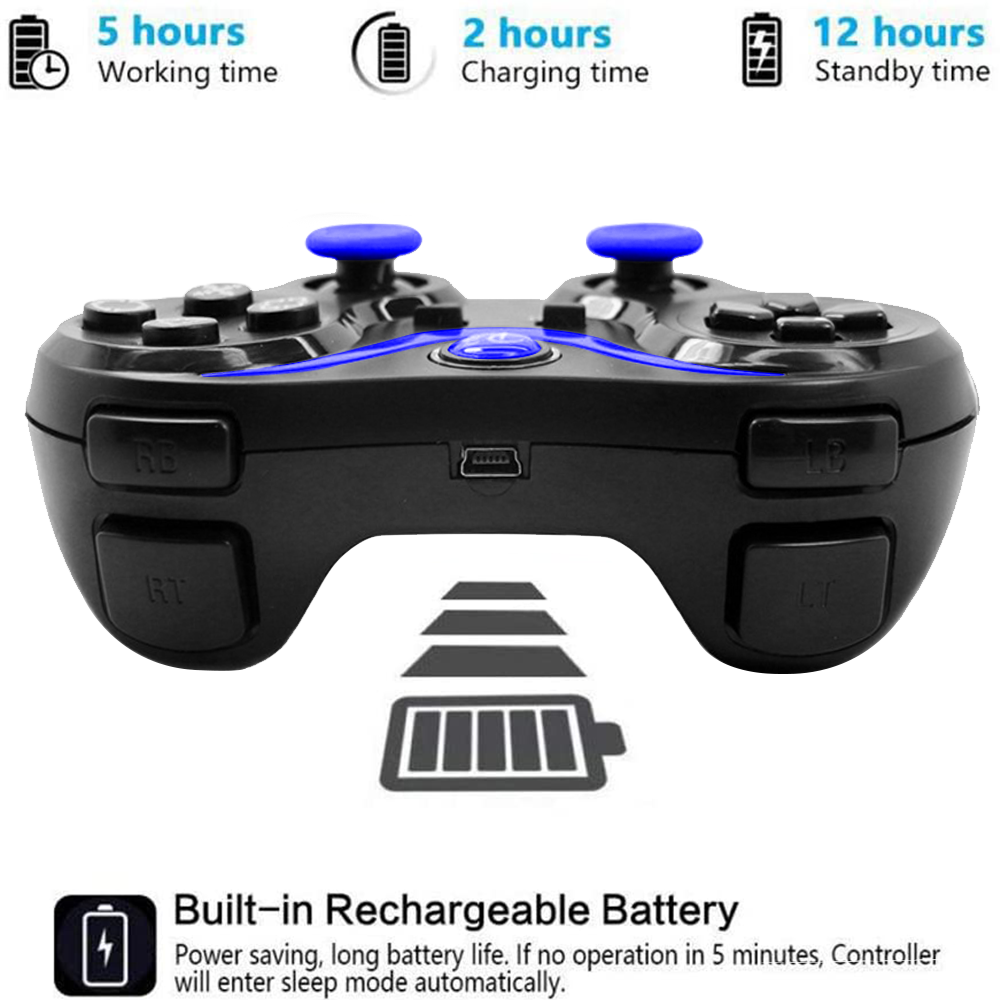 Schwarzer Gamecontroller mit blauen Akzenten, Knöpfen und zwei blauen Joysticks. Text weist auf 5 Stunden Betrieb, 2 Stunden Aufladen und 12 Stunden Standby hin.