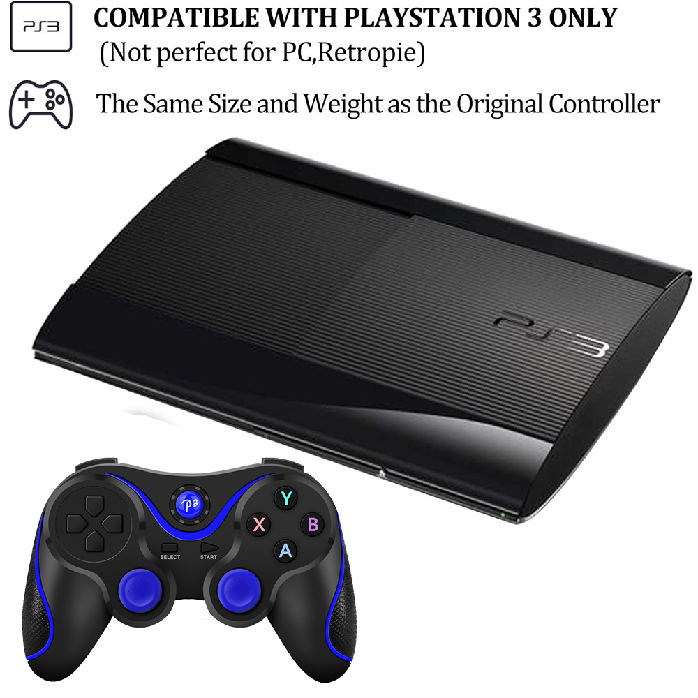 Schwarze PS3-Konsole und schwarzer Controller mit blauen Akzenten. Text besagt Kompatibilität mit Playstation 3.
