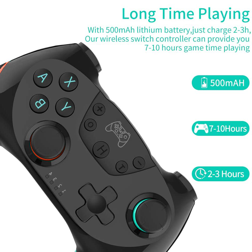Ein schwarzer Gamecontroller mit farbigen Tasten und einem Steuerkreuz. Text zeigt 500mAh Akku, 7-10 Stunden Spielzeit und 2-3 Stunden Ladezeit.
