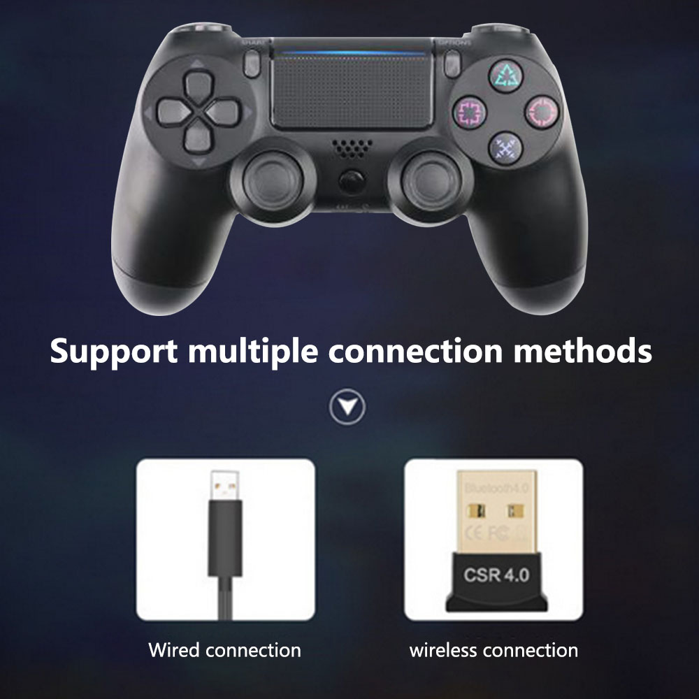 Ein schwarzer Gamecontroller mit Tasten und Verbindungsmethoden. Kabelverbindung mit USB-Kabel und drahtlose Verbindung mit CSR 4.0 Adapter.