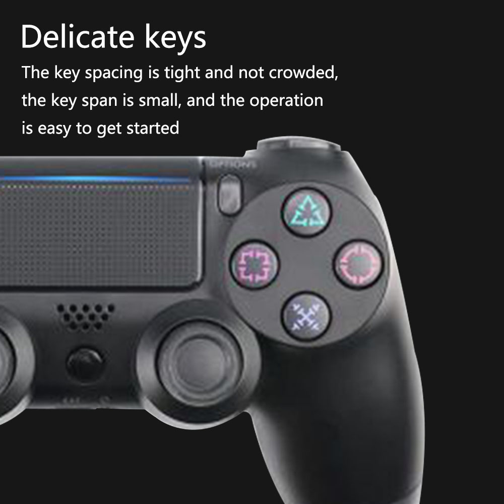 Schwarzer Gamecontroller mit farbigen Knöpfen. Über dem Text steht "Delicate keys".