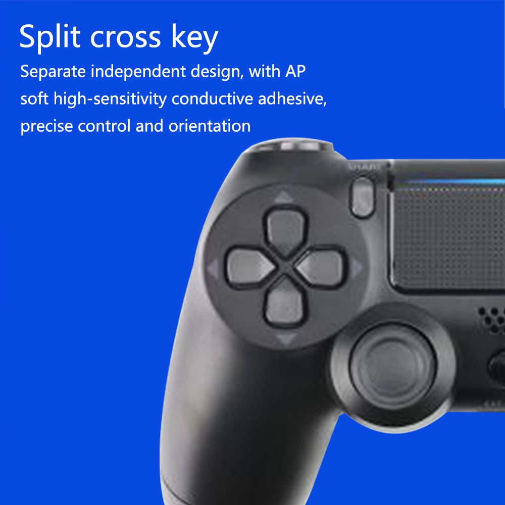 Ein schwarzer Gamecontroller mit geteiltem Kreuztasten-Design vor blauem Hintergrund. Text beschreibt Funktionen wie präzise Steuerung.