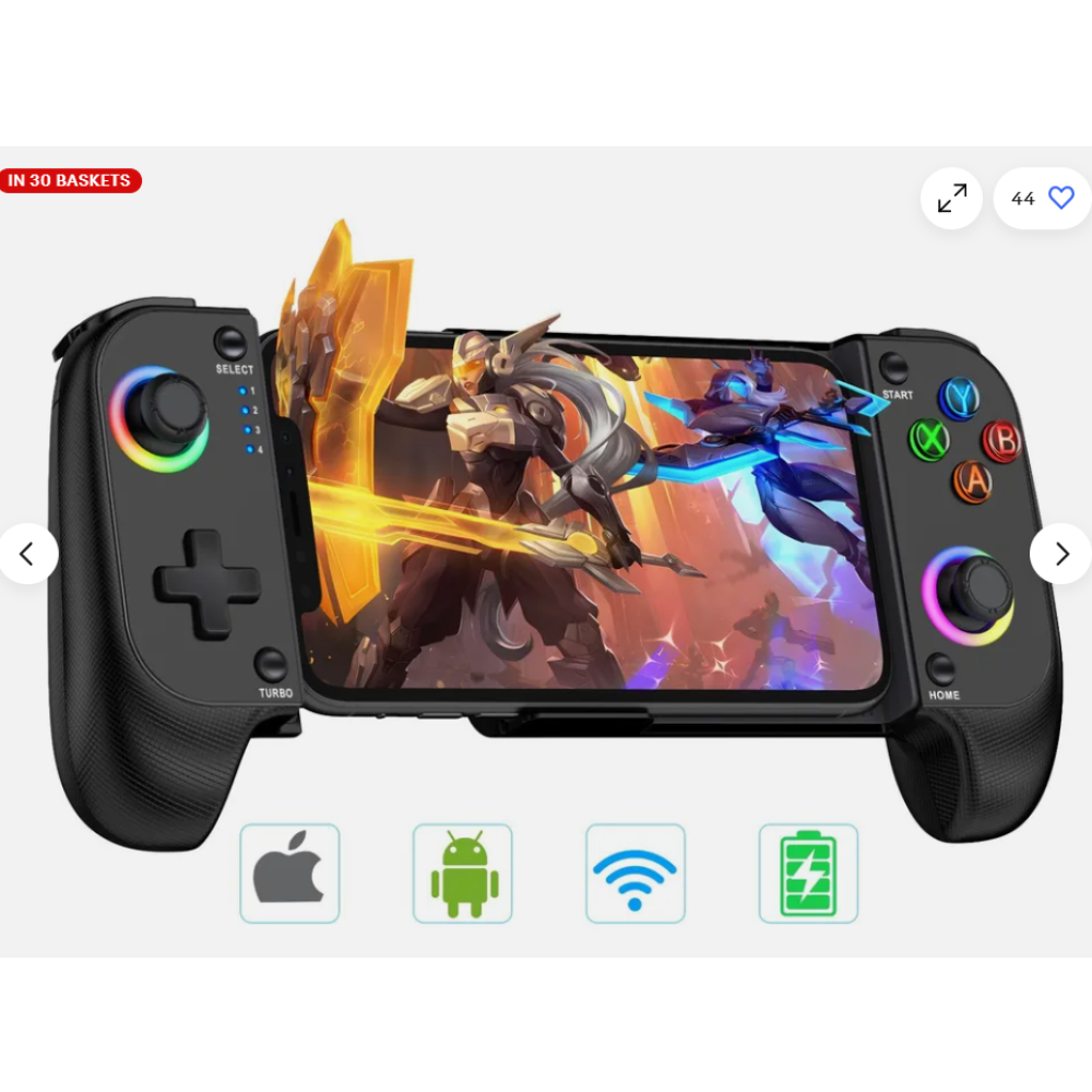 Schwarzes Gamepad mit Telefon. Der Bildschirm zeigt ein Spiel an. Symbole sind Apple, Android, WLAN und Akku.