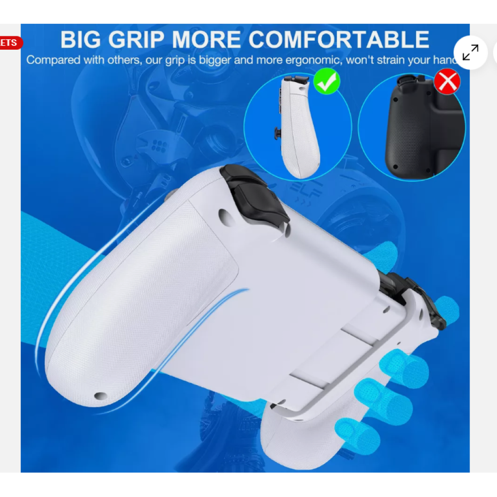 Ein weißer Gamecontroller mit größerem Griff wird gezeigt. Das Bild enthält auch einen Vergleich mit einem anderen Controller und einen blauen Hintergrund.