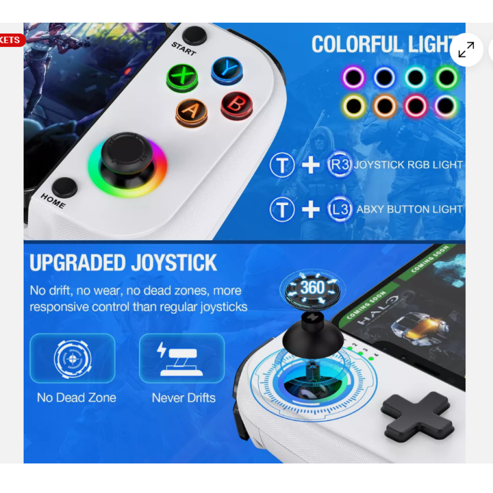Weißer Gamecontroller mit bunten Lichtern, Knöpfen und Joystick. Text hebt Funktionen wie keine Totzonen und reaktionsschnelle Steuerung hervor.