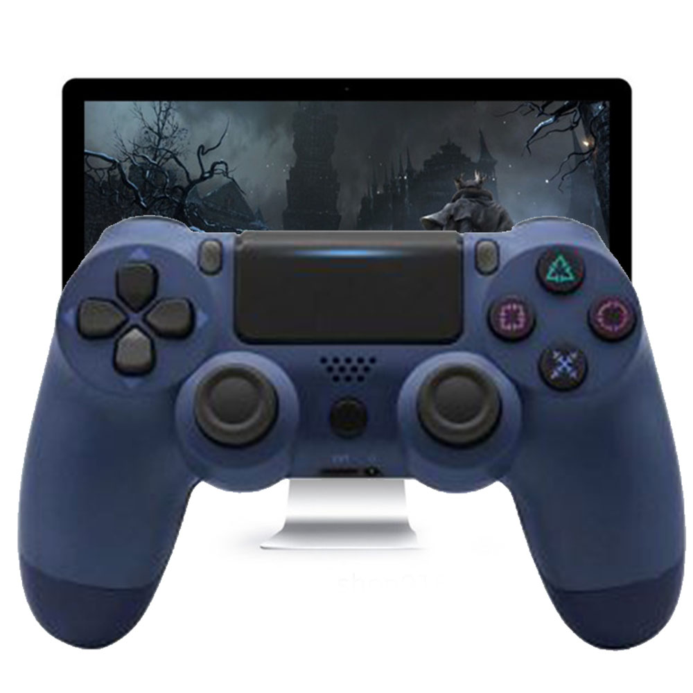 Blauer Playstation-Controller vor einem Bildschirm mit einer dunklen Fantasy-Spielszene.
