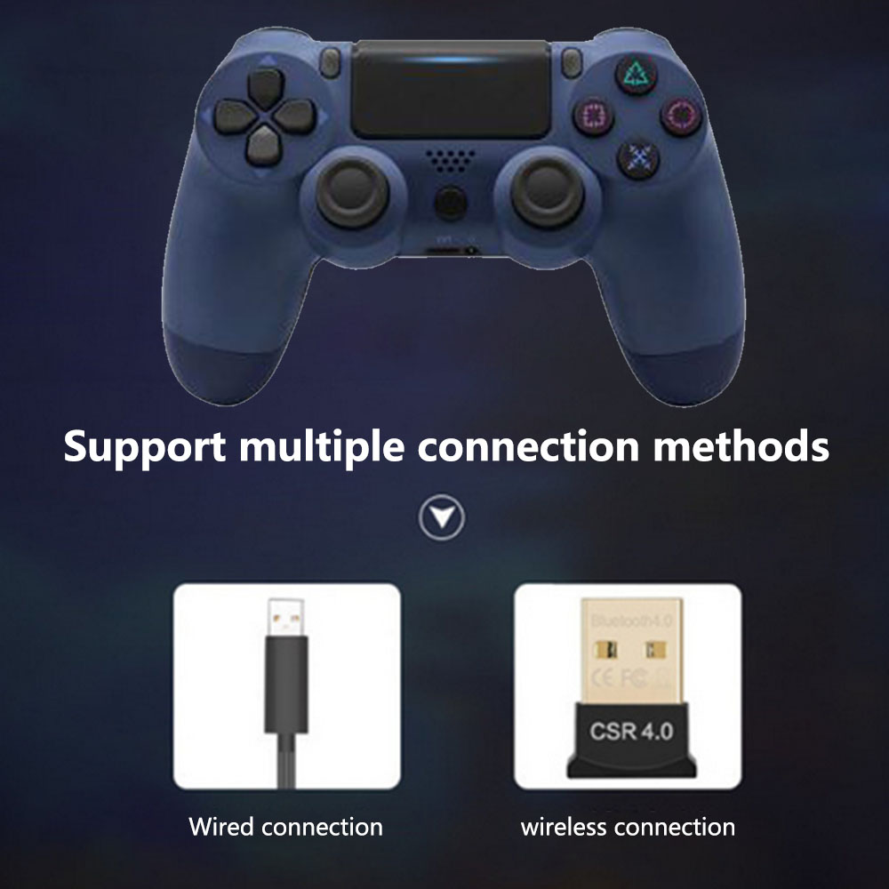 Ein blauer Gamecontroller mit Knöpfen und Joysticks. Darunter werden kabelgebundene und drahtlose Verbindungsoptionen gezeigt.