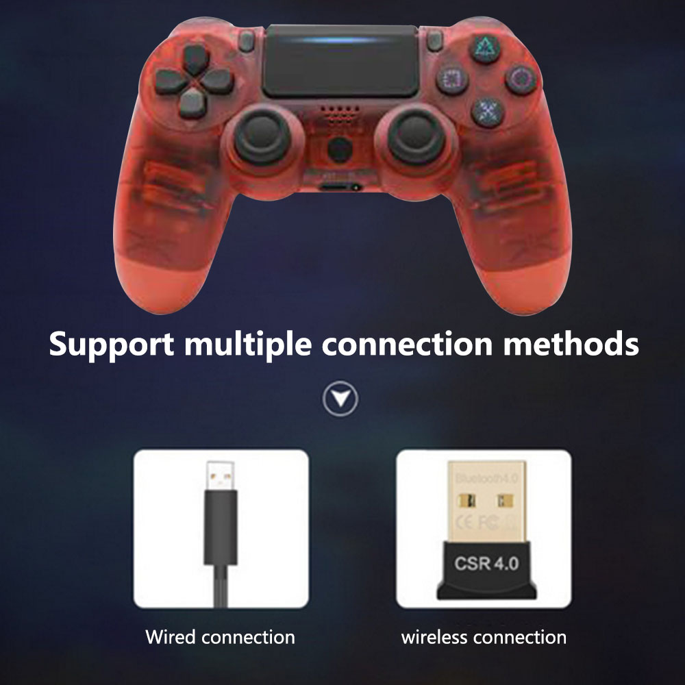 Roter transparenter Gamecontroller mit kabelgebundenen und drahtlosen Verbindungsoptionen, die unten gezeigt werden, mit der Bezeichnung 'kabelgebundene Verbindung' und 'drahtlose Verbindung'.