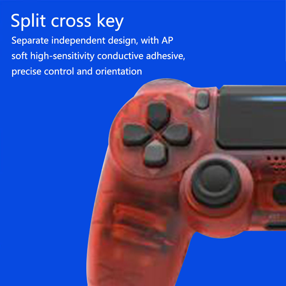 Roter, transparenter Gamecontroller mit schwarzen Knöpfen vor blauem Hintergrund. Text lautet 'Split cross key'.