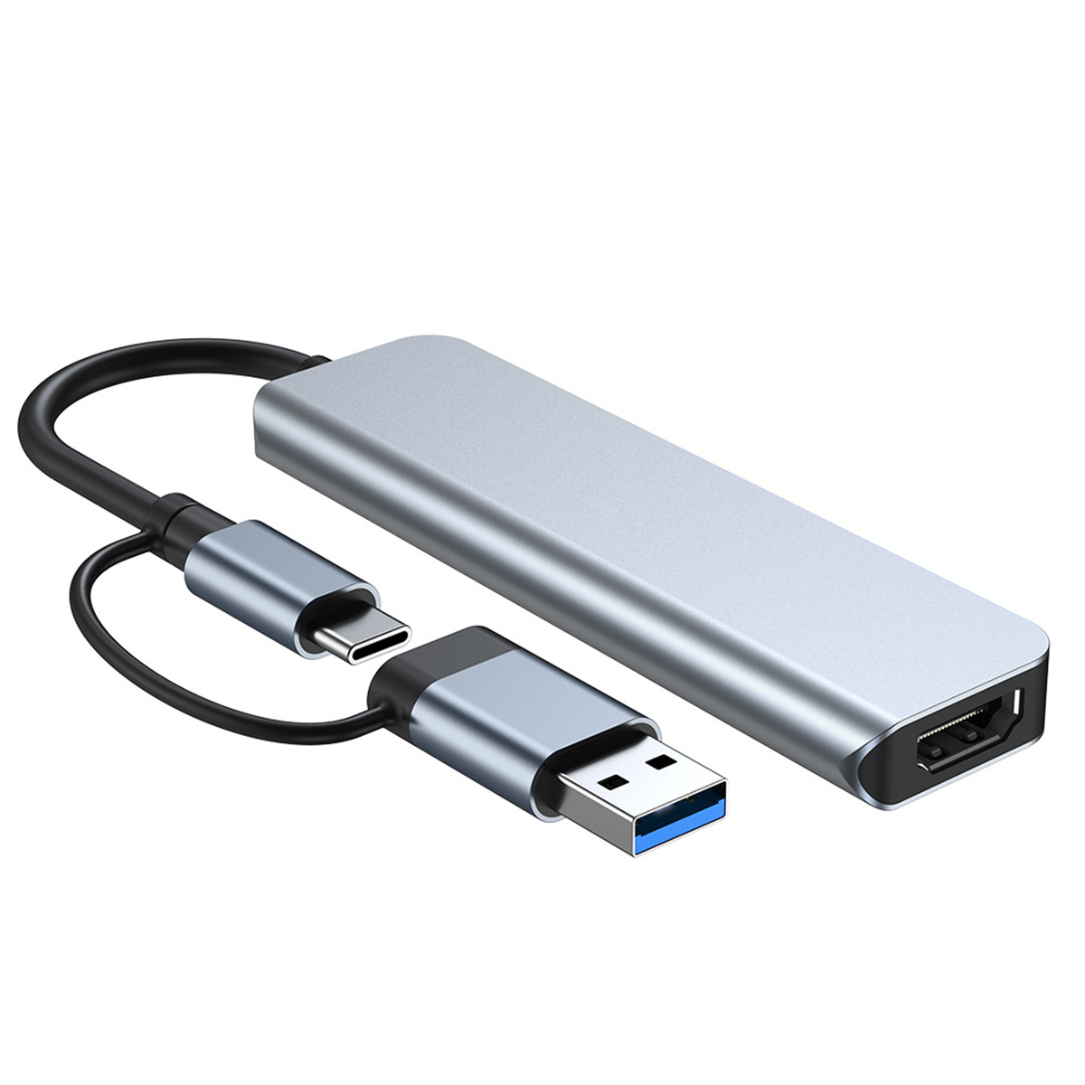 Silberner USB-C-Hub mit USB-, HDMI- und USB-A-Anschlüssen. Mit schwarzem Kabel und silbernen Anschlüssen. Weißer Hintergrund.