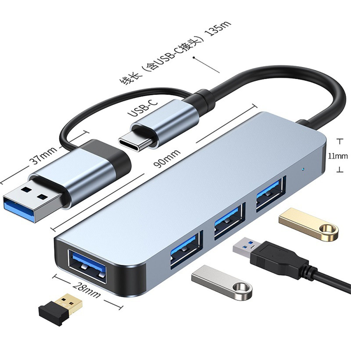 Silberner USB-Hub mit mehreren Anschlüssen, USB-C- und USB-Anschlüssen, schwarzem Kabel und verschiedenen USB-Zubehörteilen.