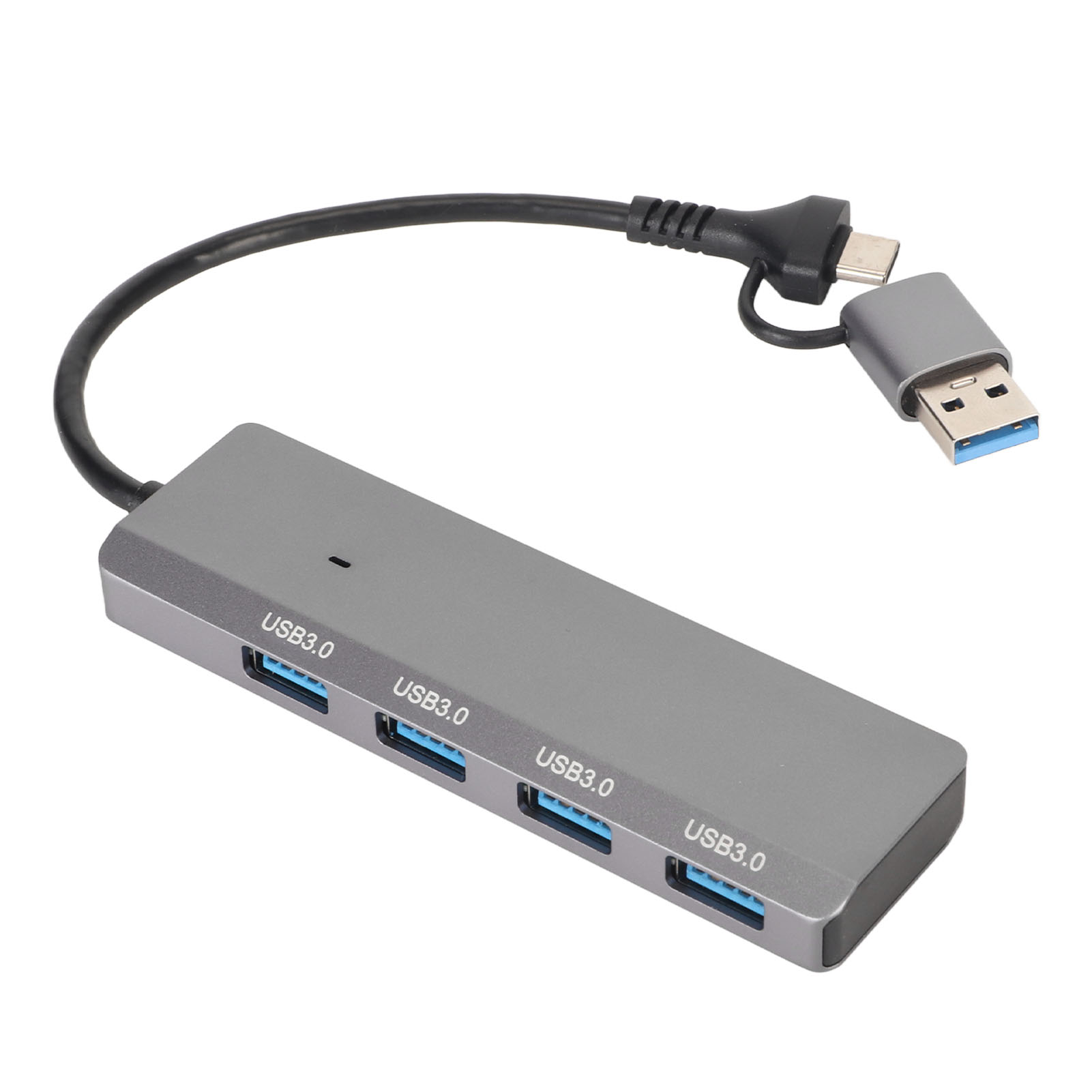 Ein grauer USB-Hub mit vier USB 3.0-Anschlüssen, einem schwarzen Kabel sowie einem USB-C- und einem USB-A-Adapter. Weißer Hintergrund.