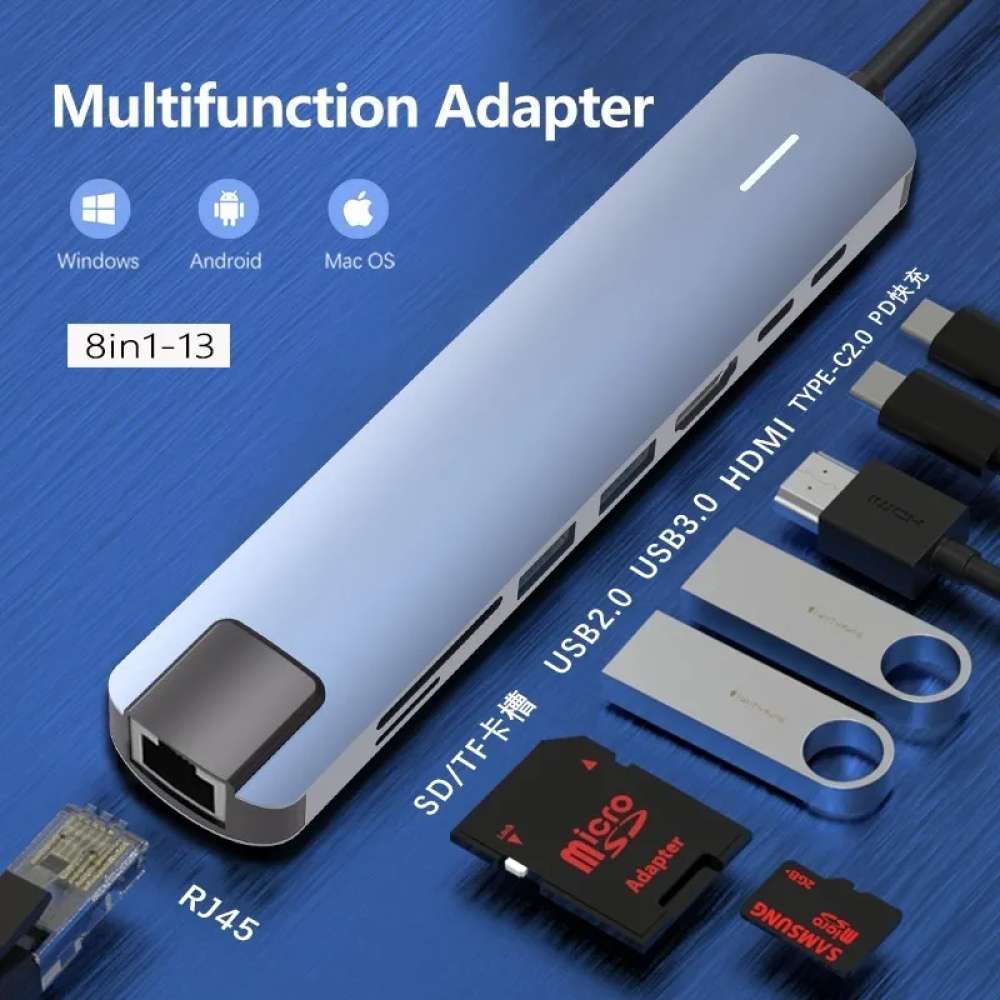 Ein silberner Multifunktionsadapter mit verschiedenen Anschlüssen und angeschlossenen Geräten, darunter USB-, HDMI- und SD-Kartensteckplätze, auf blauem Hintergrund.