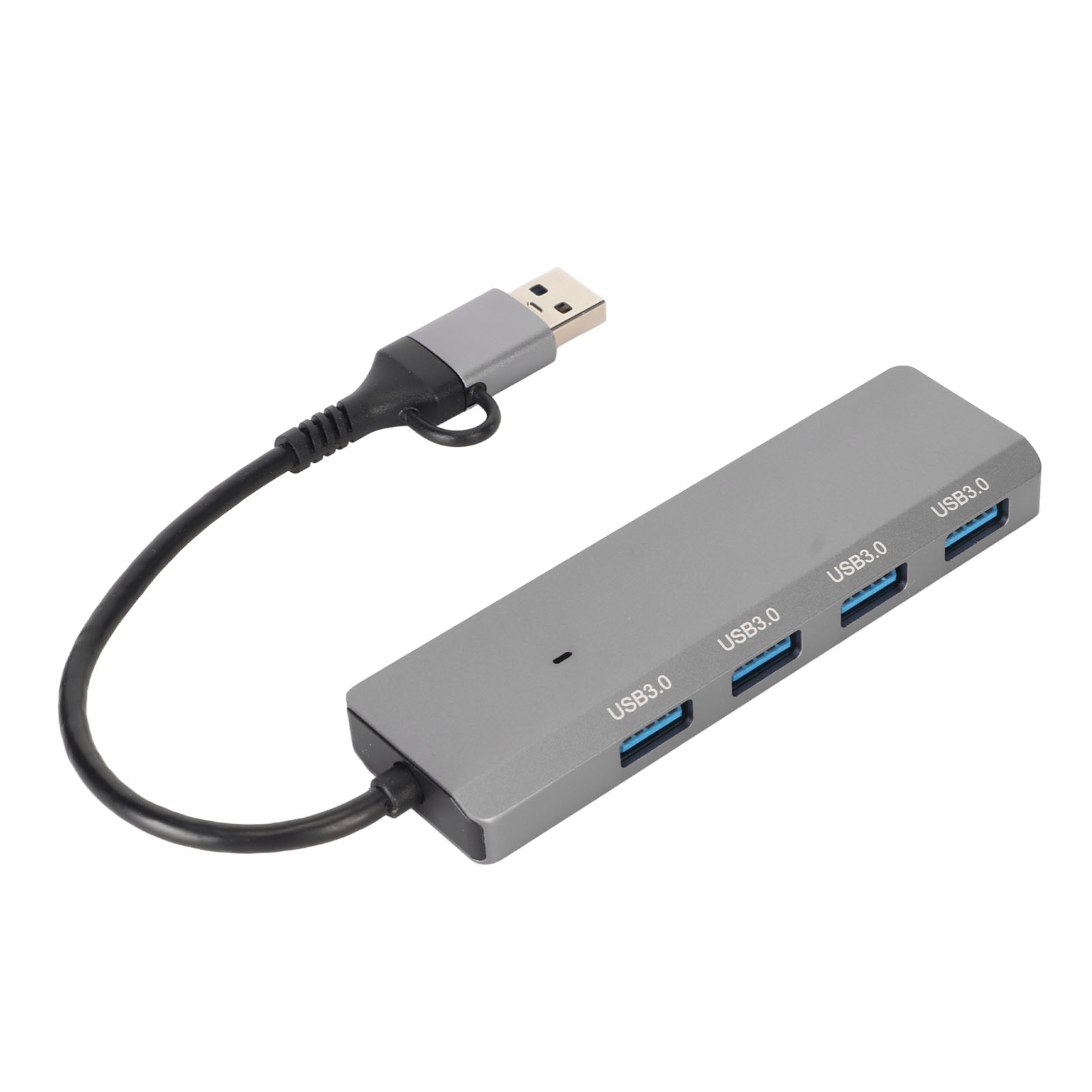 Ein grauer USB 3.0-Hub mit vier Anschlüssen, angeschlossenem USB-Kabel. Der USB-Anschluss ist silberfarben und das Kabel ist schwarz.