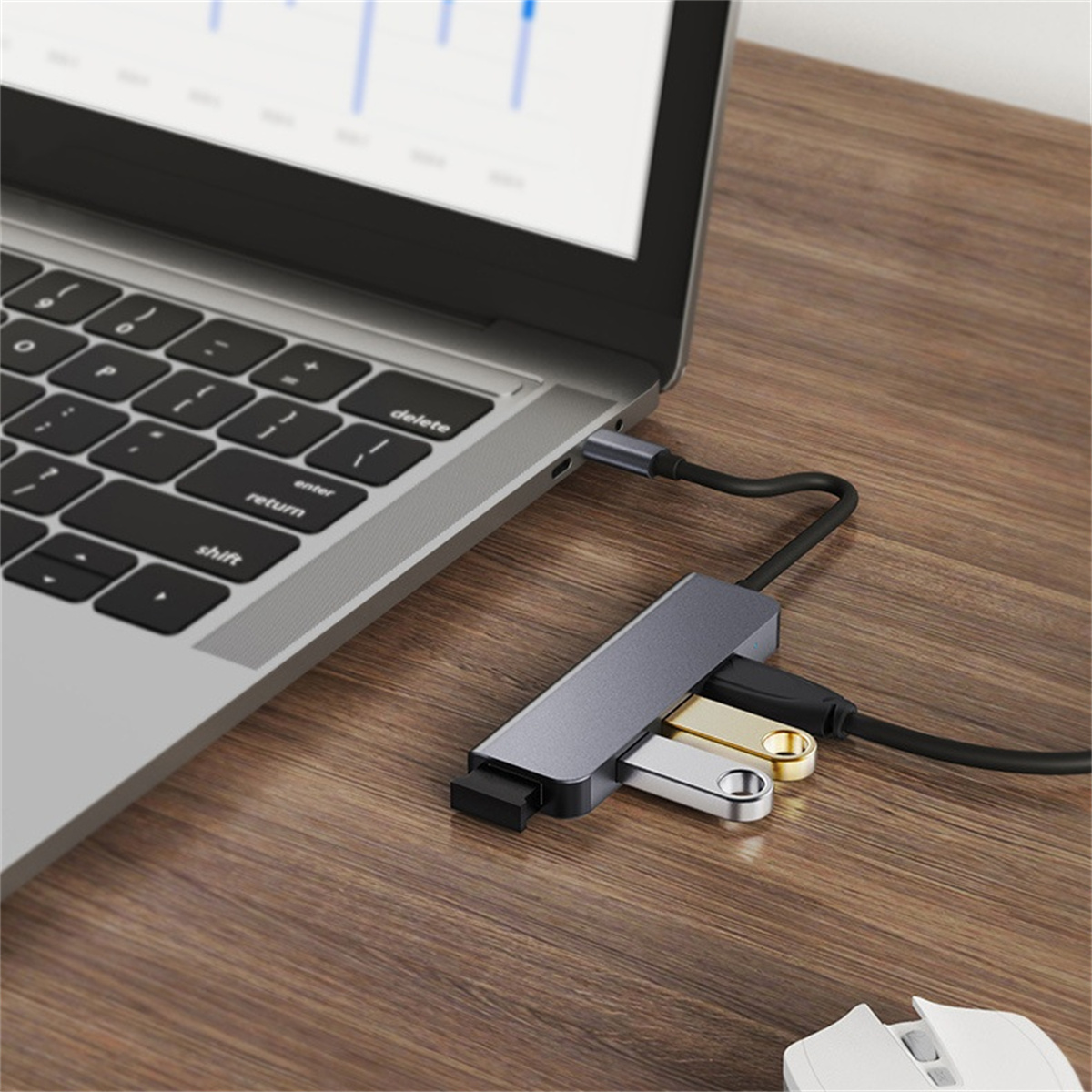 Laptop mit USB-Hub und Flash-Laufwerken auf einem Holztisch verbunden. Eine Maus ist in der Ecke. Der Laptop-Bildschirm zeigt ein Diagramm.
