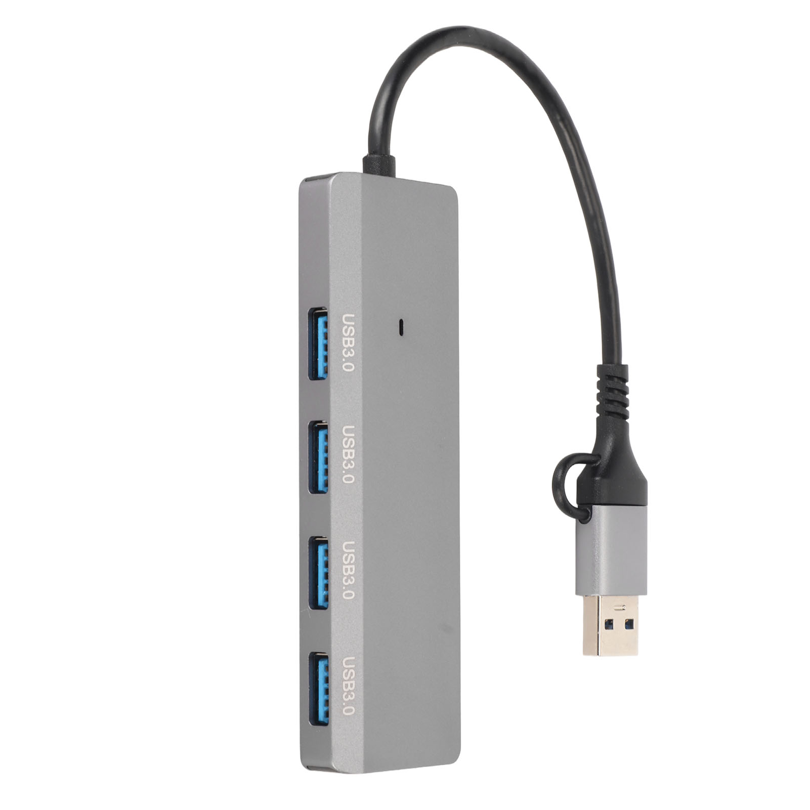 Ein grauer USB-Hub mit vier USB 3.0-Anschlüssen, einem schwarzen Kabel und einem USB-Anschluss auf weißem Hintergrund.