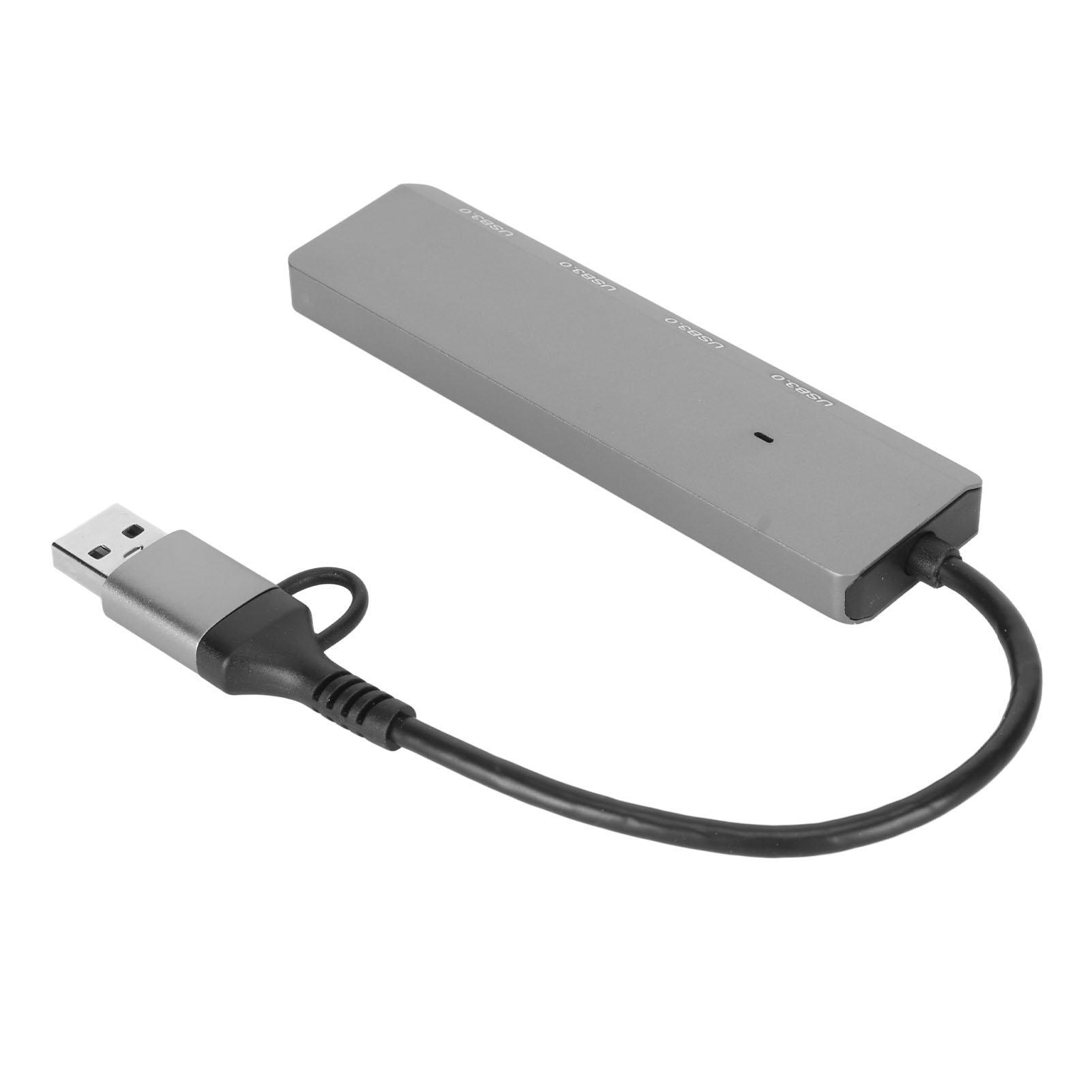 Ein silberner USB 3.0-Hub mit schwarzem Kabel und USB-Anschluss. Der Hub befindet sich auf weißem Hintergrund.