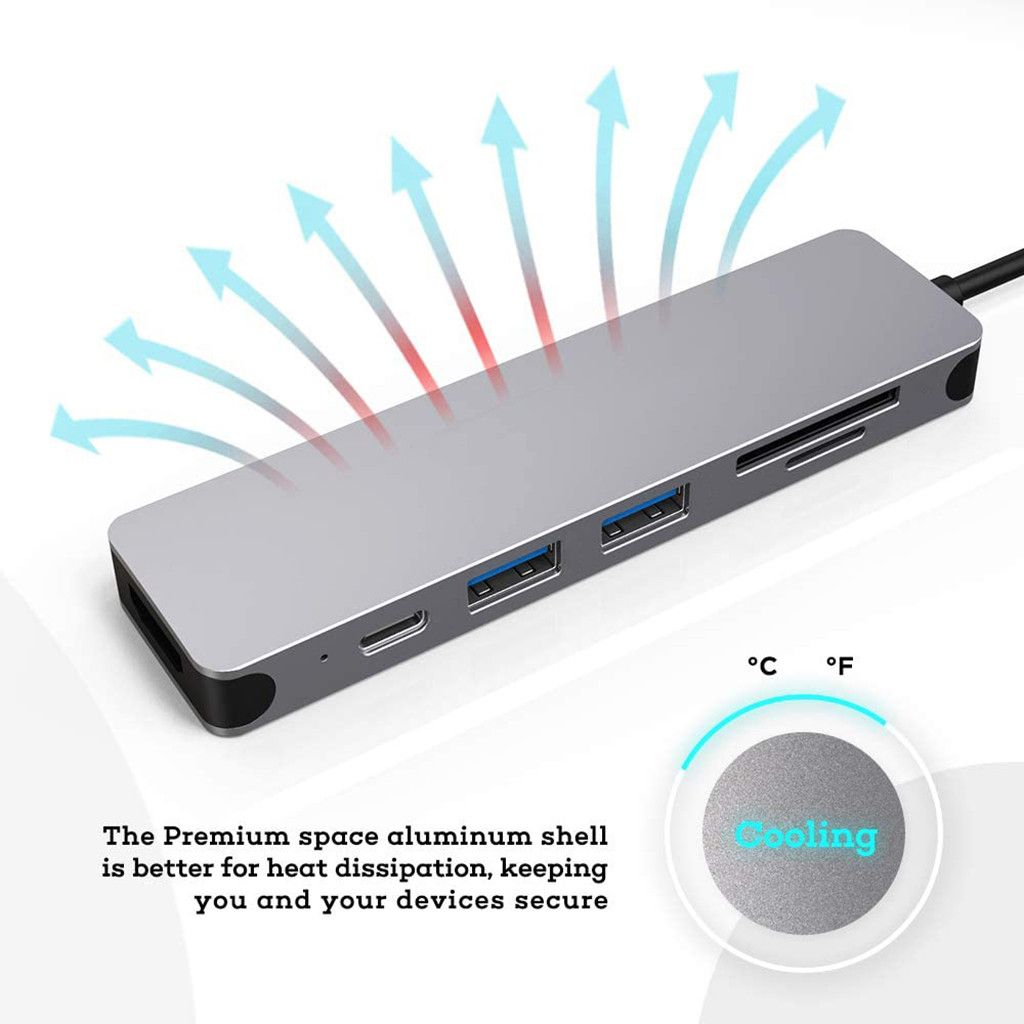 Silberner USB-Hub mit blauen Pfeilen, die die Wärmeableitung anzeigen. Text: 'Premium Aluminiumgehäuse ist besser für die Wärmeableitung.'