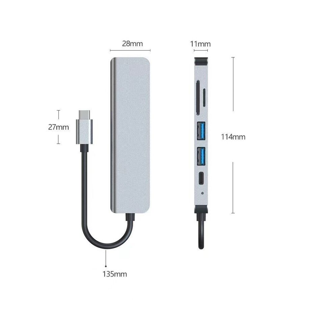 Ein silberner USB-Hub mit Anschlüssen, Kabeln und Maßangaben. Der Hub wird aus zwei Blickwinkeln gezeigt: vorne und seitlich. Weißer Hintergrund.