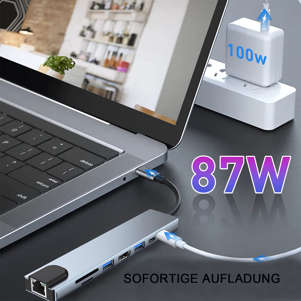 Laptop mit Hub und Netzteil verbunden. Etiketten '87W' und '100W' sichtbar. Text 'SOFORTIGE AUFLADUNG' unten.