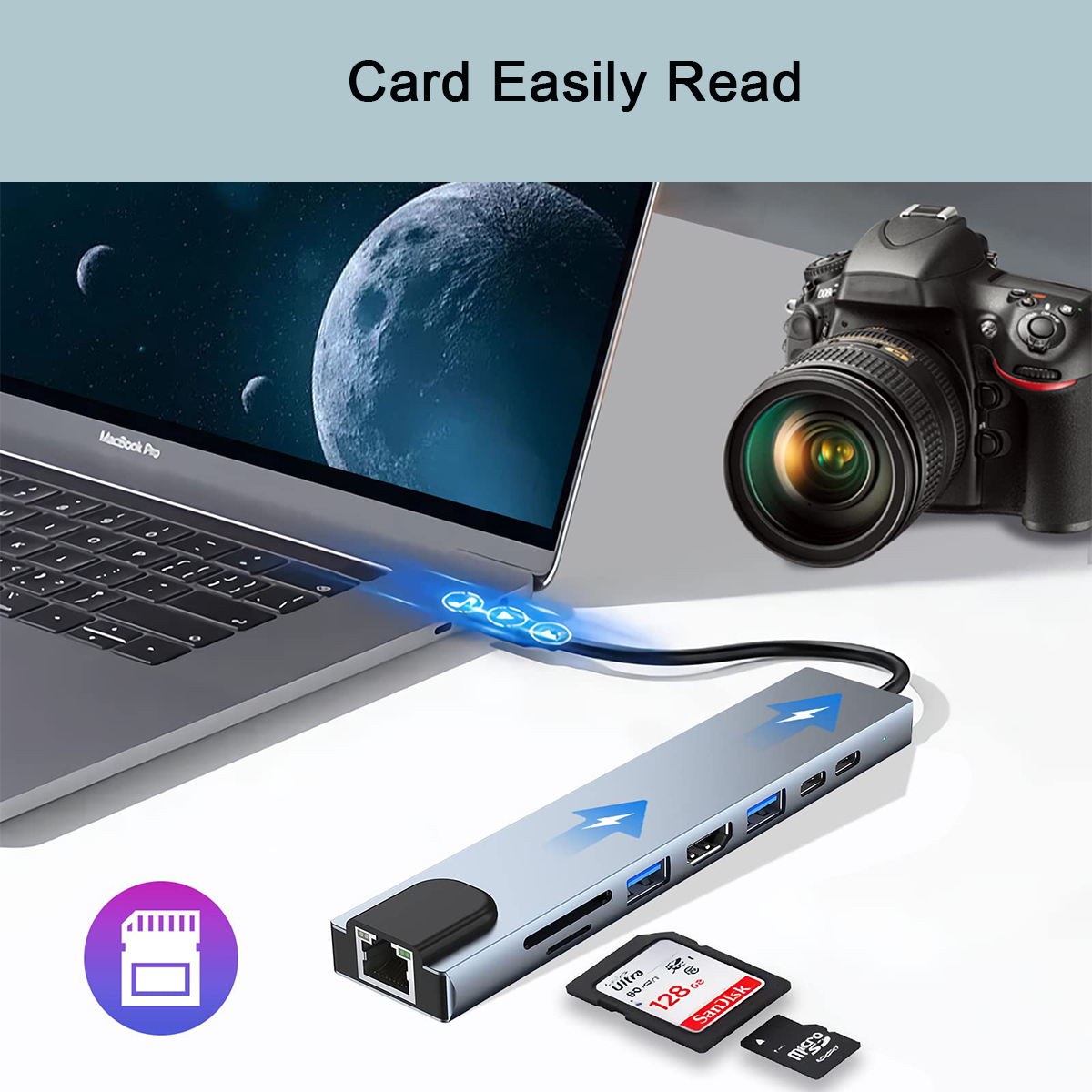 Ein Laptop, eine Kamera und ein Kartenleser sind verbunden. SD-Karten befinden sich neben dem Leser. Ein Mond ist im Hintergrund.
