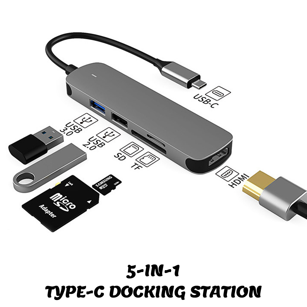 Eine silberne 5-in-1-Typ-C-Dockingstation mit USB-, SD-, TF- und HDMI-Anschlüssen sowie einem USB-Laufwerk und einer Micro-SD-Karte.