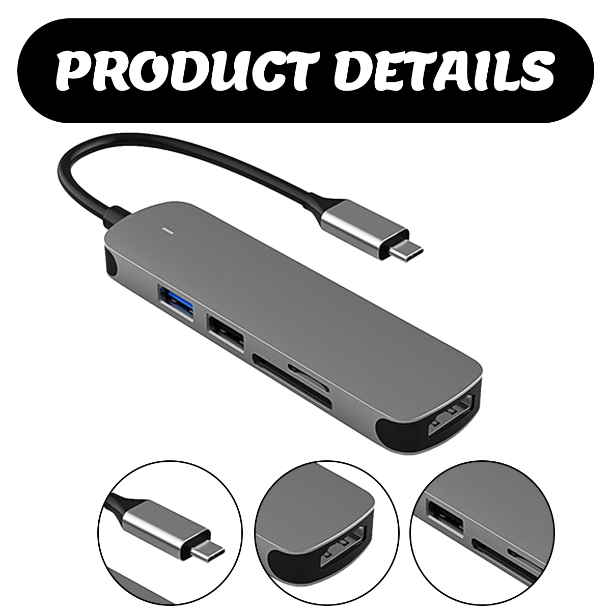 Ein grauer USB-C-Hub mit mehreren Anschlüssen, darunter USB, SD-Kartenleser und USB-C. Text 'PRODUKTDETAILS' steht oben.