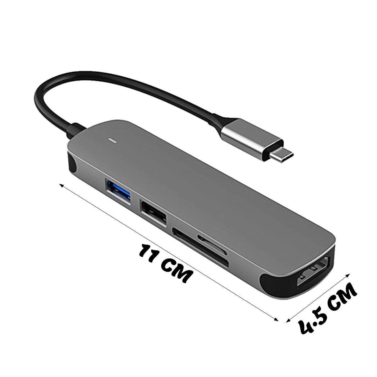 Ein grauer USB-C-Hub mit mehreren Anschlüssen. Er hat ein schwarzes Kabel und einen silbernen USB-C-Anschluss. Abmessungen: 11 cm x 4,5 cm.