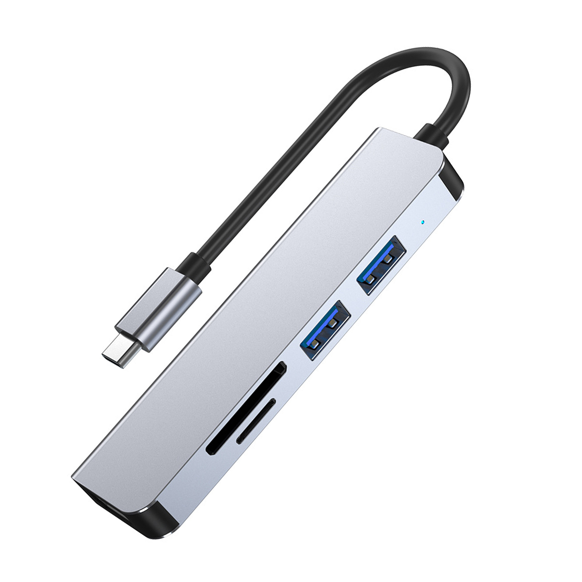 Silberner USB-Hub mit schwarzem Kabel, zwei USB-Anschlüssen und einem Kartenleser. Ein USB-C-Anschluss ist sichtbar.
