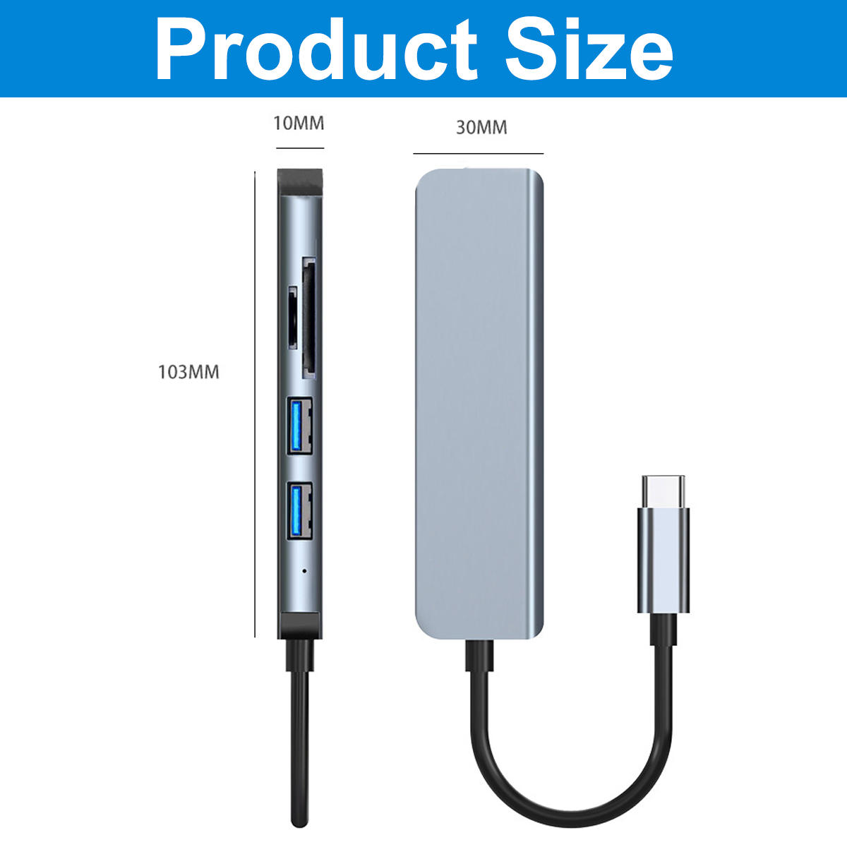 Bild zeigt Produktgröße. Ein silberner USB-Hub mit schwarzem Kabel. Abmessungen sind beschriftet: 10 mm, 30 mm und 103 mm.