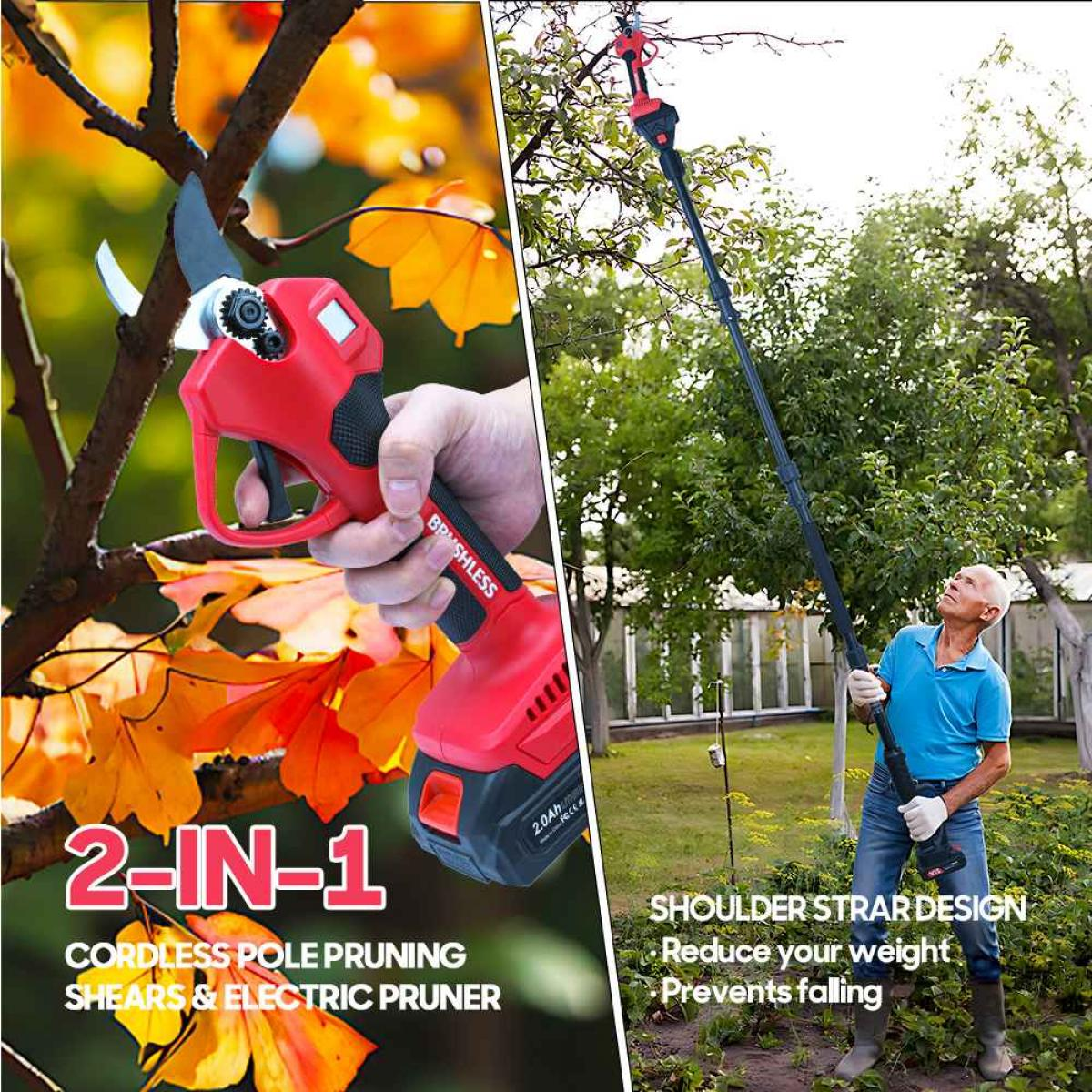 Ein geteiltes Bild. Links sieht man eine Person, die eine rote Astschere hält. Rechts sieht man einen Mann, der einen Baum mit einer Stangensäge beschneidet.