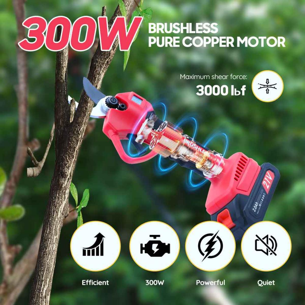 Eine rote elektrische Astschere schneidet einen Ast ab. Text zeigt 300W, bürstenloser Motor und 3000 lbf Scherkaft an. Symbole für effizient, leistungsstark und leise.