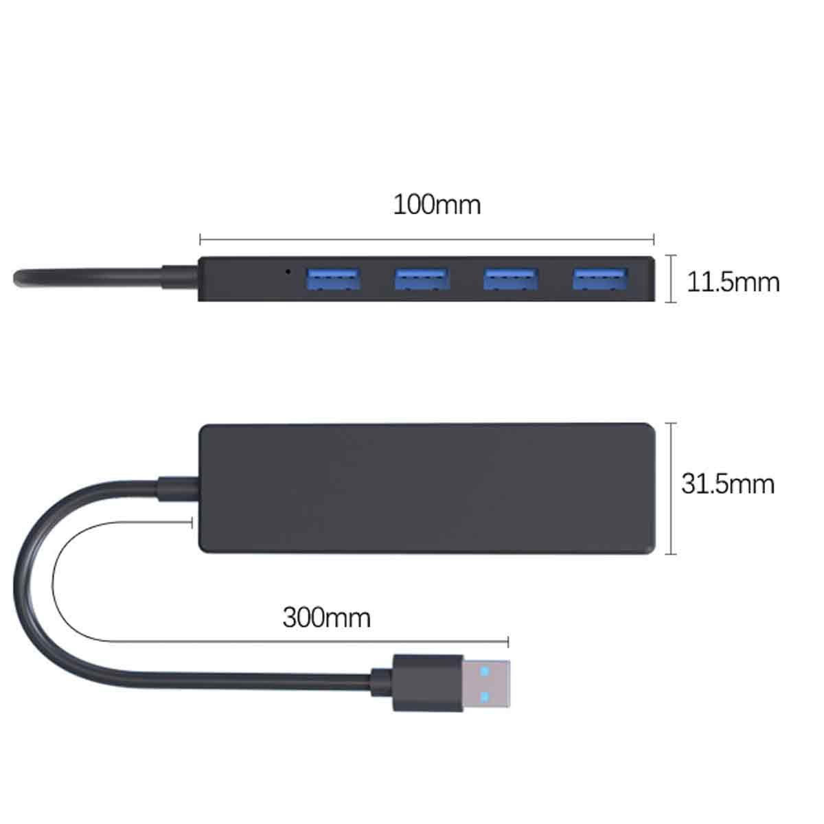 Schwarzer USB-Hub mit 4 Anschlüssen, Abmessungen beschriftet. Ein Kabel und ein Stecker sind dargestellt. Maße: 100 mm, 11,5 mm, 300 mm und 31,5 mm.