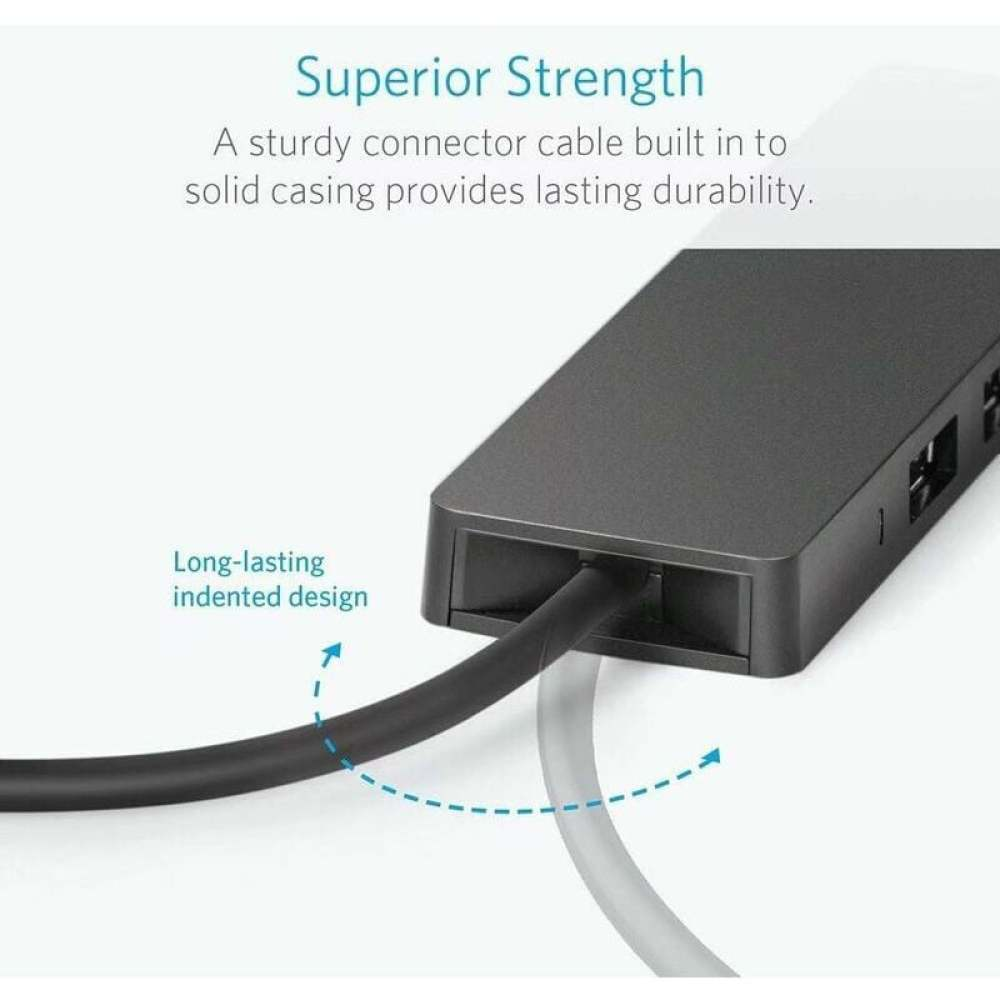 Ein schwarzes Gerät mit angeschlossenem Kabel. Text sagt: 'Superior Strength' und 'Long-lasting indented design'.