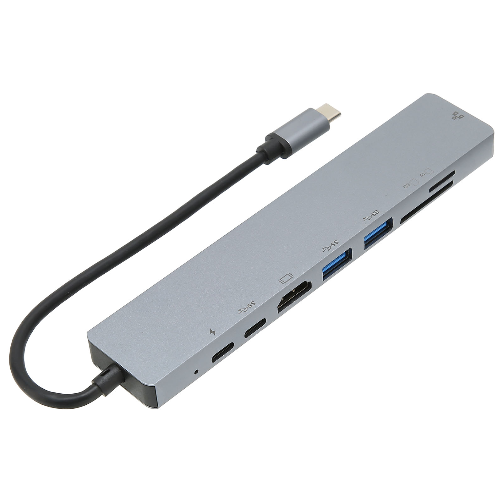 Ein silberner USB-C-Hub mit mehreren Anschlüssen, verbunden mit einem schwarzen Kabel und einem silbernen USB-C-Anschluss.